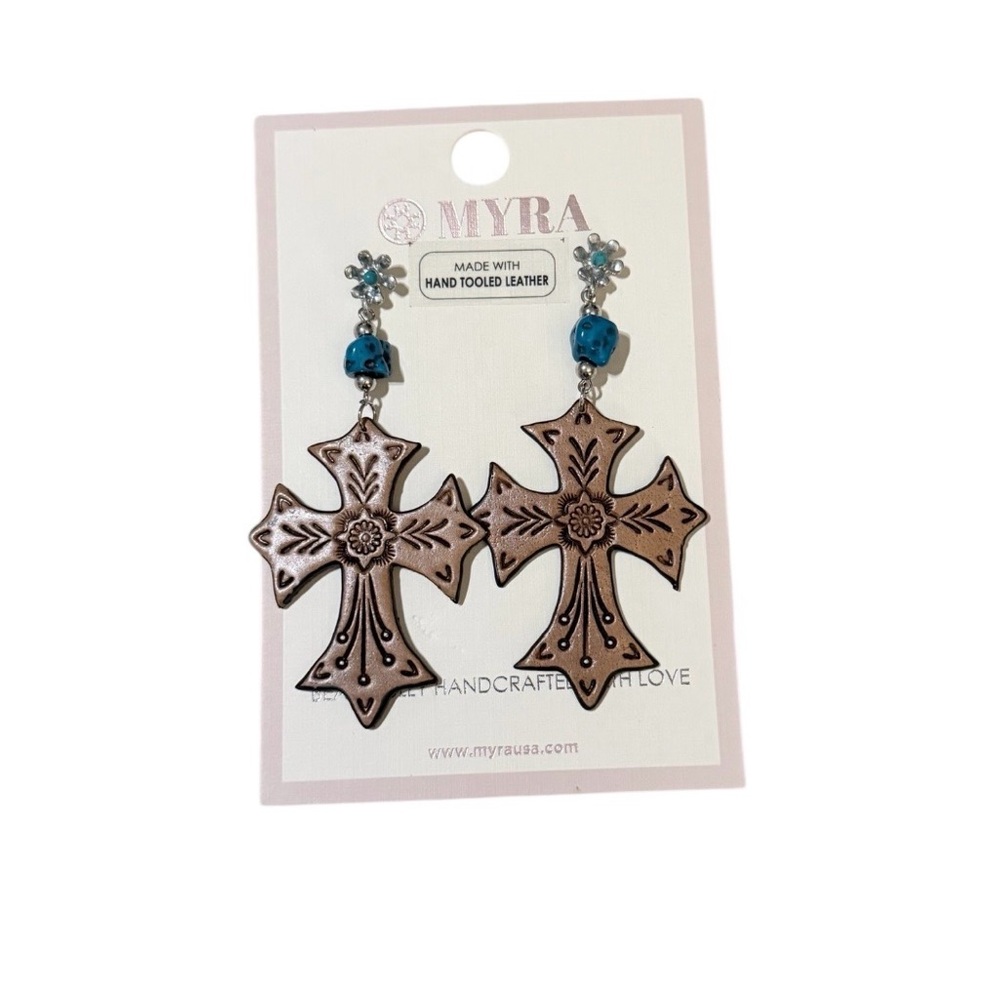 Myra Hand Tooled Leather Cross‎ Earrings